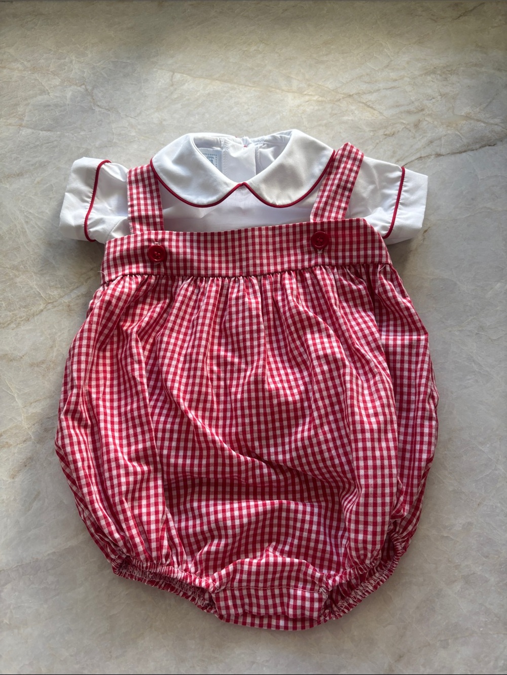 Little English Boys Red Gingham Bubble Romper with White Collar